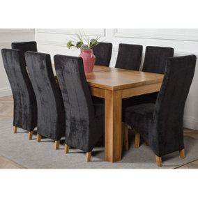 Dakota 182 x 92 cm Chunky Oak Large Dining Table and 8 Chairs Dining Set with Lola Black Fabric Chairs