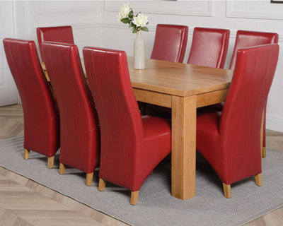 Dakota 182 x 92 cm Chunky Oak Large Dining Table and 8 Chairs Dining Set with Lola Burgundy Leather Chairs
