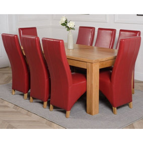 Dakota 182 x 92 cm Chunky Oak Large Dining Table and 8 Chairs Dining Set with Lola Burgundy Leather Chairs