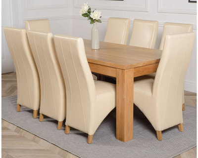 Dakota 182 x 92 cm Chunky Oak Large Dining Table and 8 Chairs Dining Set with Lola Ivory Leather Chairs