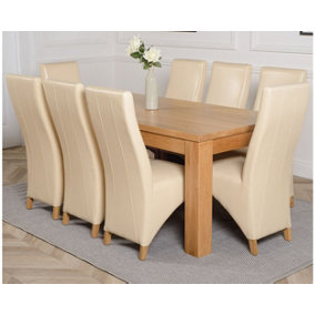 Dakota 182 x 92 cm Chunky Oak Large Dining Table and 8 Chairs Dining Set with Lola Ivory Leather Chairs