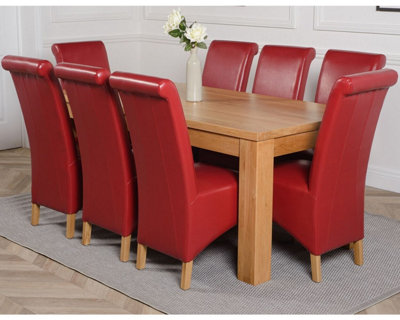 Dakota 182 x 92 cm Chunky Oak Large Dining Table and 8 Chairs Dining Set with Montana Burgundy Leather Chairs