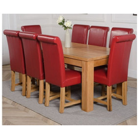 Dakota 182 x 92 cm Chunky Oak Large Dining Table and 8 Chairs Dining Set with Washington Burgundy Leather Chairs