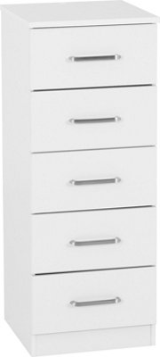 Dakota 5 Drawer Narrow Chest of Drawers White Metal Drawer Runners Handles