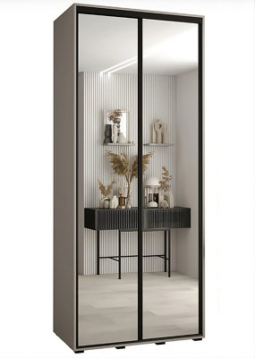 Dakota II Sleek Cashmere & Black Mirrored Sliding Door Wardrobe 1000mm H2350mm D600mm with Two Hanging Rails and Six Shelves