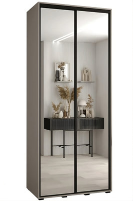 Dakota II Sleek Cashmere & Black Mirrored Sliding Door Wardrobe 1100mm H2350mm D600mm with Two Hanging Rails and Six Shelves