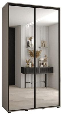 Dakota II Sleek Cashmere & Black Mirrored Sliding Door Wardrobe 1300mm H2350mm D600mm with Two Hanging Rails and Six Shelves