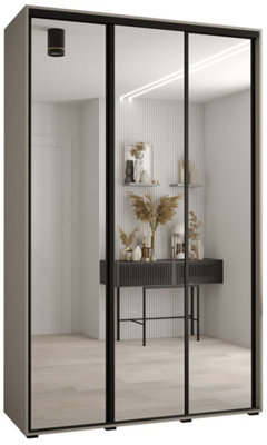 Dakota II Sleek Cashmere Mirrored Door Wardrobe 1600mm H2350mm D600mm - Three Sliding Doors, Two Hanging Rails, and Six Shelves