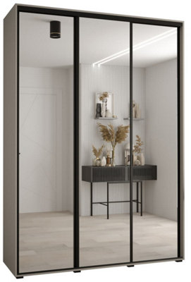 Dakota II Sleek Cashmere Mirrored Door Wardrobe 1800mm H2350mm D600mm with Three Sliding Doors, Two Hanging Rails, and Ten Shelves