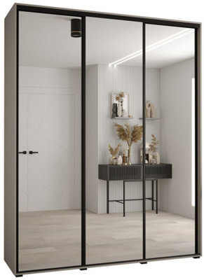 Dakota II Sleek Cashmere Mirrored Door Wardrobe 1900mm H2350mm D600mm with Three Sliding Doors, Two Hanging Rails, and Ten Shelves