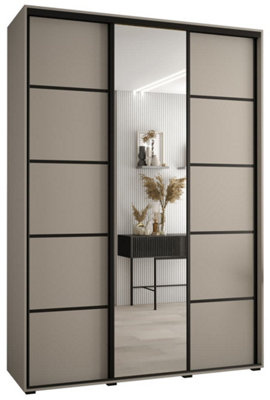 Dakota V Sleek Cashmere & Black Sliding Door Wardrobe 1800mm H2350mm D600mm with Mirrored Door, Two Hanging Rails, Ten Shelves