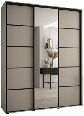 Dakota V Sleek Cashmere & Black Sliding Door Wardrobe 1900mm H2350mm D600mm with Mirrored Door, Two Hanging Rails, Ten Shelves