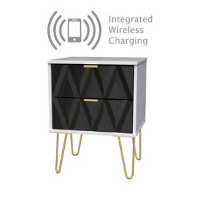 Dallas 2 Drawer Bedside  - WIRELESS CHARGING in Deep Black & White (Ready Assembled)
