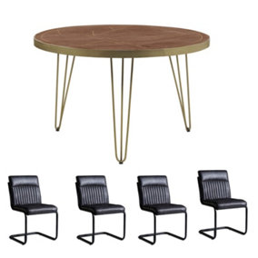 Dallas Dark Mango Round Solid Wood Dining Table 4 Seats Set With 4 Chairs