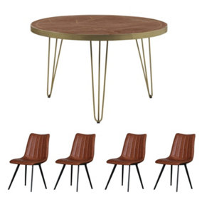 Dallas Dark Mango Solid Wood Round Dining Table 4 Seats Set With 4 Chairs