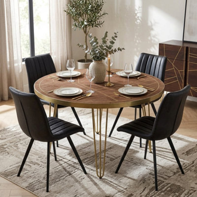 Dallas Dark Mango Solid Wooden Round Dining Table 4 Seats Set With 4 Chairs