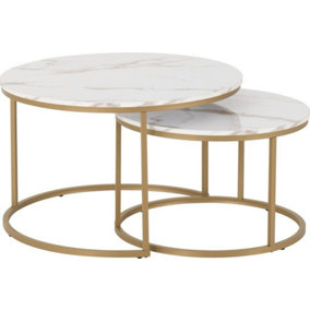 Dallas Round Coffee Table Set in Marble Effect and Gold Tone Metal Finish