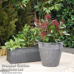Damask Lead Effect Trough & Round Planter Set of Two Outdoor Garden Patio Dark Grey