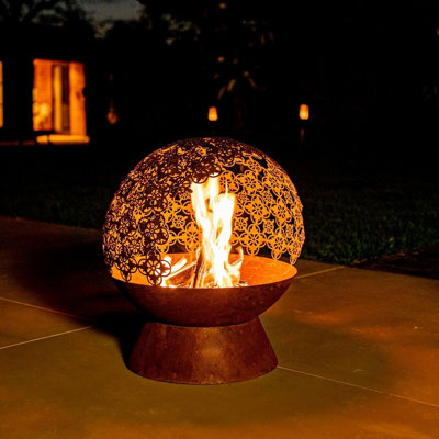 Damasque Globe Fire Pit Bowl - Weatherproof Oxidised Metal Modern Outdoor Garden Log Wood Burner with Cut-Out Design - H61 x 46cm