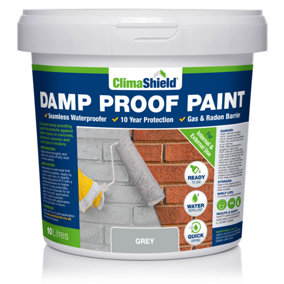 Damp-Proof Paint, (ClimaShield), Waterproof Paint, (Grey), Liquid DPM, Breathable, Solvent Free, Internal and External, 10L