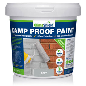 Damp-Proof Paint, (ClimaShield), Waterproof Paint, (Grey), Liquid DPM, Breathable, Solvent Free, Internal and External, 5L