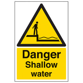 Danger Shallow Caution Water Warning Sign Adhesive Vinyl 200x300mm (x3)