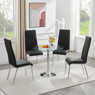 Dante Round Clear Glass Dining Table With 4 Dora Black Chairs | DIY at B&Q