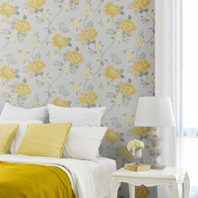 Darcy James Yellow Floral Shimmer effect Embossed Wallpaper