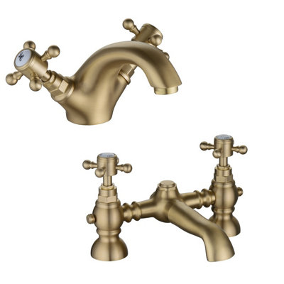 Darcy Traditional Brushed Brass Basin Mixer & Bath Tap Set inc FREE ...