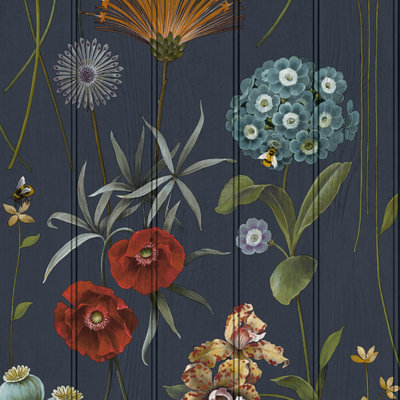 Dark Blue Floral Wallpaper Beaded Wood Panel Effect Bee's Smooth Finish Lounge