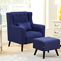 Dark Blue Linen Upholstered Buttoned Back Armchair with Footstool and Cushion