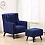 Dark Blue Linen Upholstered Buttoned Back Armchair with Footstool and Cushion