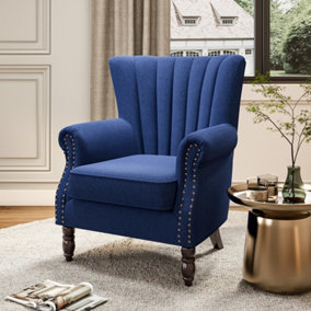 Dark Blue Linen Upholstered Pleated Wing Back Occasion Armchair Sofa Chair