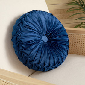 Dark Blue Modern Round Pumpkin Pleated Velvet Throw Pillow Sofa Cushion Dia 45 cm