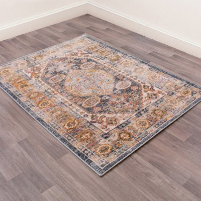 Dark Blue Traditional Abstract Floral Rug Easy to clean Dining Room-66cm X 100cm