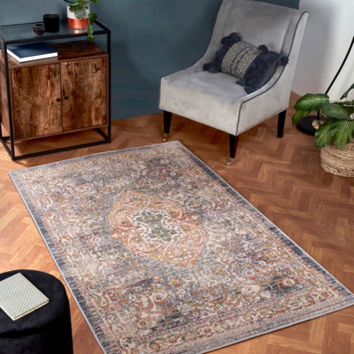 Dark Blue Traditional Easy to Clean Abstarct Floral Rug For Dining Room-66cm X 100cm