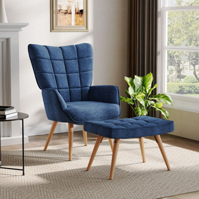 Dark Blue Tufted Armchair with Footstool and Wooden Legs