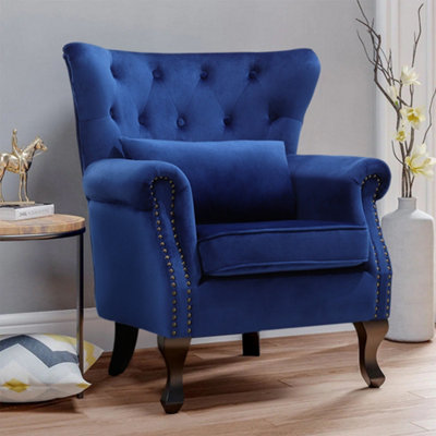 Dark Blue Velvet Upholstered Buttoned Back Armchair with Toss Pillow ...