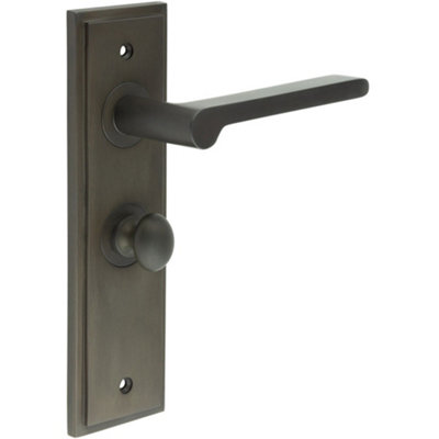 Dark Bronze Bathroom Door Handle with Backplate and Turn Release - Solid Brass Interior Handle