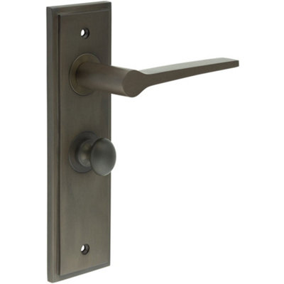 Dark Bronze Door Handle & Backplate with Turn & Release for Bathrooms - Solid Brass Interior Handle