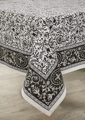 Dark Brown Square Cotton Tablecloth - Machine Washable Indian Hand Printed Floral Design Table Cover - Measures 132 x 132cm