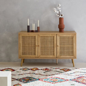 Dark brown wooden and cane rattan detail sideboard with 3 doors
