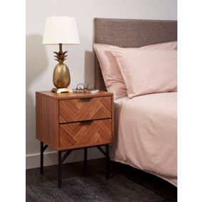 Dark Chevron 2 Drawer Bedside Table Cabinet with Metal Legs