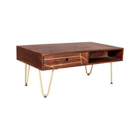 Dark Gold Rectangular Coffee Table with Drawer - Solid Mango Wood - L60 x W110 x H45 cm