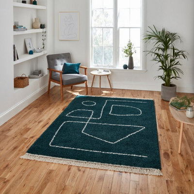 Dark Green Abstract Kilim Modern Shaggy Moroccan Dining Room Rug-120cm X 170cm