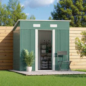 Dark Green Metal Garden Pent Roof Lockable Door Furniture Storage Tool Shed with Base 6 x 4 ft