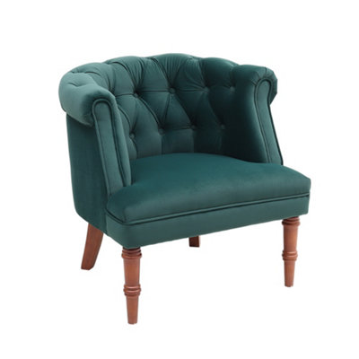 Dark Green Mid century Wooden Barrel Chair Velvet Upholstered