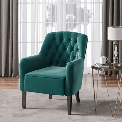 Dark Green Retro Velvet Upholstered Button Wing Back Armchair