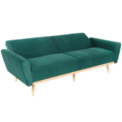 Dark Green Velvet 3 Seat Sofa Bed Recliner Couch with Wood Legs D 103 cm x W 204 cm x H 45 cm