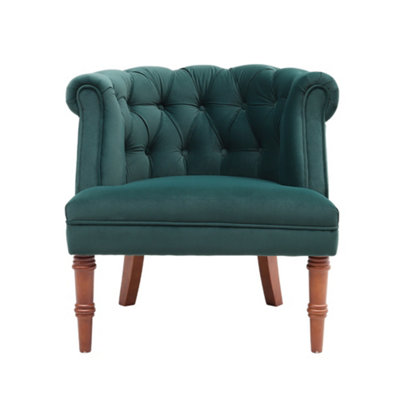 Dark Green Velvet Upholstered Buttoned Accent Tub Chair with Wooden Legs